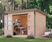 Holz Gartenhaus, nordische Fichte naturbelassen/graualuminium, Trapezblechdach wetterfest Pultdach, stabile Ecken, Zylinderschloss, 2,70 × 2,70 m