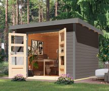 Holz Gartenhaus, nordische Fichte terragrau/graualuminium, wetterfestes Trapezblech-Pultdach, robuste Stahlecken, Zylinderschloss, 2,70 × 2,70 m