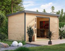 Holz Gartenhaus, nordische Fichte naturbelassen/graualuminium, wetterfestes Trapezblech-Pultdach, stabile Ecken, Zylinderschloss, 3,60 × 2,40 m