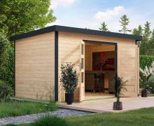 Holz Gartenhaus aus nordischer Fichte, naturbelassen/anthrazit, Trapezblech-Pultdach robust, Doppelflügeltür mit Lichtausschnitten, 3,60 × 2,40 m