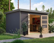 Pultdach Gartenhaus, Fichte terragrau/graualuminium, Trapezblechdach wetterfest, stabile Ecken, Zylinderschloss, große Lichtausschnitte, 3,60 × 2,40 m