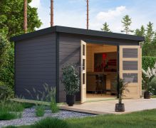 Holz Gartenhaus aus nordischer Fichte, terragrau/anthrazit, Trapezblech-Pultdach wetterfest, Doppelflügeltür große Lichtausschnitte, 3,60 × 2,40 m