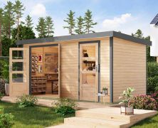 Pultdach Gartenhaus, Fichte naturbelassen/graualuminium, Trapezblechdach wetterfest, stabile Ecken, Zylinderschloss, große Fenster, 4,00 × 2,13 m