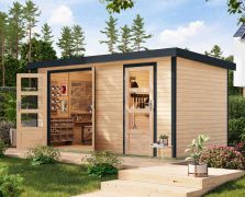 Gartenhaus aus Holz, nordische Fichte naturbelassen / anthrazit, Trapezblech-Pultdach, robuste metallverstärkte-Ecken, Zylinderschloss, 4,00 × 2,13 m