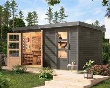 Pultdach Gartenhaus, Fichte terragrau/graualuminium, wetterfestes Trapezblechdach, stabile Ecken, Zylinderschloss, große Lichtausschnitte, 4,00×2,13 m