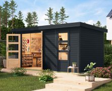Holz Gartenhaus, nordische Fichte anthrazit/anthrazit, Trapezblech-Pultdach wetterfest, stabile metallverstärkte-Ecken, Zylinderschloss, 4,00 × 2,13 m