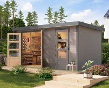 Pultdach Gartenhaus, nordische Fichte wassergrau/graualuminium, Trapezblechdach wetterfest, stabile Ecken, Doppelflügeltür Zylinderschloss, 8,52 m²