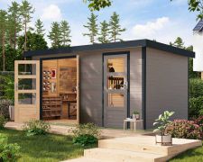 Holz Gartenhaus, nordische Fichte wassergrau/anthrazit, Trapezblech-Pultdach, robuste Stahlecken, Doppelflügeltür Zylinderschloss, 4,00 × 2,13 m
