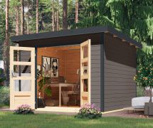 Holz Gartenhaus, nordische Fichte terragrau/anthrazit, Trapezblech-Pultdach, Doppelflügeltür großen Lichtausschnitte, Zylinderschloss, 2,70 × 2,70 m