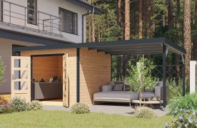 Gartenhaus mit Anbaudach, nordische Fichte naturbelassen/anthrazit, Trapezblech-Pultdach wetterfest, stabile Ecken, Zylinderschloss, 2,70 × 2,70 m