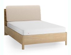 Doppelbett | Farbe: Eiche / Beige | 140 x 200 cm | gepolsterte Kopfstütze | inkl. Lift up Lattenrost | vier offene Regale | Behälter hinter Rückenlehne