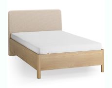 Einzelbett | Eiche massiv | Farbe: Eiche / Beige | weich gepolsterte Kopfstütze | 90 x 200 cm | dezent abgerundete Form | Gästebett | inkl. Lift up Lattenrost