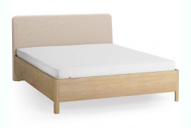 Doppelbett | 160 x 200 cm | Eiche massiv | Farbe: Eiche / Beige | dezent abgerundete Form | inkl. Lift up Lattenrost | weich gepolsterte Kopfstütze