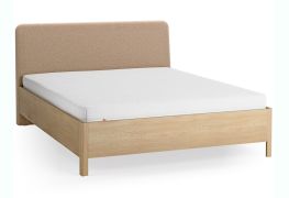 Doppelbett | 160 x 200 cm | Eiche massiv | Farbe: Eiche / Taupe | dezent abgerundete Form | inkl. Lift up Lattenrost | weich gepolsterte Kopfstütze