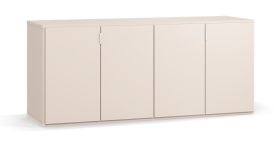 Kommode / Sideboard | 4 Falttüren | Farbe: Beige | Griffe: Weiß | 3 Schubladen | Maße: 160 x 47 x 68,5 cm | 4 Fächer | Soft-Close-Funktion | für Wohnzimmer