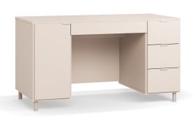Schreibtisch | Farbe: Beige | 4 Schubladen | Beine: Beige | Maße: 140 x 67 x 77 cm | zwei Fächer | Soft-Close | Funktionsleiste | Griffe: Weiß | für Büro