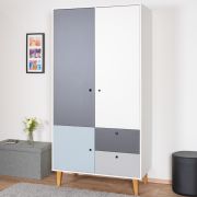 Jugendzimmer - Drehtürenschrank / Kleiderschrank Syrina 04, Farbe: Weiß / Grau / Blau - Abmessungen: 202 x 104 x 55 cm (H x B x T)