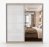 Kleiderschrank / Schiebetürenschrank | Weiß / Sonoma Eiche | Sredna 02 | mit Spiegel | 2 Türen | 218 x 203 x 61 cm | 3 Schubladen | 7 Fächer
