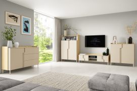 Wohnzimmer Set A | 4-teilig | Farbe: Eiche Mavelie / Macadamia | Push-to-open Funktion | Beine aus Metall | 3 Kommoden | 1 TV-Unterschrank | ABS-Kanten