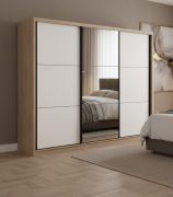 Schiebetürenschrank / Kleiderschrank | 11 Fächer | Eiche Premium / Weiß | 1 Kleiderstange | 1 Spiegeltür | 240 x 49 x 215 cm | 9 Einlegeböden
