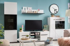 Wohnzimmer - Set A Idos, 4-teilig, Farbe: Weiß / Weiß Hochglanz / Schwarz, zwei Vitrinen, ein TV-Unterschrank, ein Wandregal, einfaches und modernes Design
