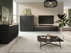Wohnzimmer - Set A Finghall, 3-teilig, Farbe: Schwarz, Soft-Close-Funktion, ABS-Kantenschutz, ein TV-Unterschrank, ein Highboard und ein Sideboard