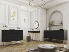 Wohnzimmer - Set F Horsham, 3-teilig, Farbe: Schwarz, Push-to-open Funktion, eine schmale Kommode, ein Sideboard, ein Schminktisch, ABS-Kanten, Beine: Gold