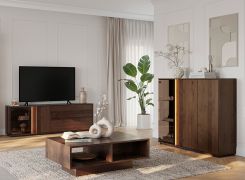 Wohnzimmer Komplett - Set E Sienne, 3-teilig, Massivholz Wildeiche, getöntes Glas, in Tabacco geölt, inkl. LED-Beleuchtung, Push-to-open Funktion