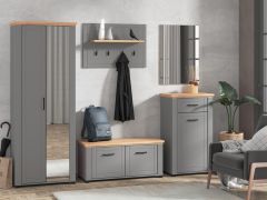 Garderobe - Set D Banat, 5-teilig, ABS-Kantenschutz, ein Garderobenschrank mit Spiegel, eine Kommode, ein Spiegel, ein Schuhschrank, eine Garderobe mit vier Haken