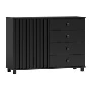Schwarze Kommode mit Lamellenfronten, 80 x 116 x 40 cm, mit 1 Tür, 4 Schubladen und 2 Fächern, Soft Close System, Metallgriffe