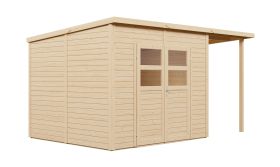 Gerätehaus mit Schleppdach | Naturbelassen | 19 mm Elementgartenhaus | 3,84 x 2,39 Meter | inkl. Fußboden | Flachdach | Freiberg 03