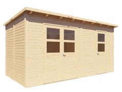 Gartenhaus aus Holz unbehandelt, inkl. Fußboden, 4,48 x 2,34 Meter, Elementgartenhaus, Flachdach, Doppeltür und Einzeltür mit Sicherheitsglas
