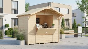 Kiosk | inkl. Fußboden | Naturbelassen | Verkaufsstand | Verkaufshäuschen | Grundfläche: 4,33 m² | Sonnentraum 02 | Satteldach | Gerahmte Massivholztür