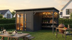 Gartenlaube | Schleppdach | inkl. Fußboden | Anthrazit | Elementbauweise | 4,49 x 2,34 Meter | Poolhaus | Sonnenglück 01 | Flachdach | Fenster aus Sicherheitsglas