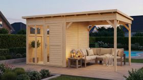 Gartenhaus mit Anbaudach | inkl. Fußboden | Naturbelassen | Elementbauweise | Grundfläche: 10,51 m² | Poolhaus | Flachdach | Sonnenglück 01 | Fenster aus Sicherheitsglas