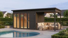 Gartenlaube | Anthrazit | Anbaudach | inkl. großem Panoramafenster | Grundfläche: 13,08 m² | inkl. Fußboden | Poolhaus | Flachdach | Elementbauweise | Sonnenglück 02