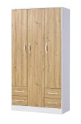 Kleiderschrank | Drehtürenschrank | 3-türig | 120 x 50 x 225 cm | Farbe: Eiche / Weiß | 3 Türen | 4 Schubladen | 11 Fächer | 1 Kleiderstange | Nalut 01