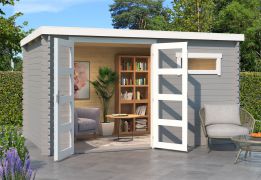 Gartenhaus G272 Lichtgrau - 28 mm Blockbohlenhaus, Grundfläche: 8,40 m², Flachdach