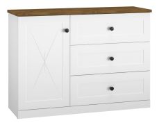 Kommode Oulainen 08, Farbe: Weiß / Eiche - Abmessungen: 86 x 120 x 40 cm (H x B x T), mit 1 Tür, 3 Schubladen und 2 Fächern