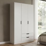 Kleiderschrank / Drehtürenschrank mit viel Stauraum | 1 Kleiderstange | 6 Fächer | 120 x 50 x 200 cm | 2 Schubladen | Weiß | 3 Türen |