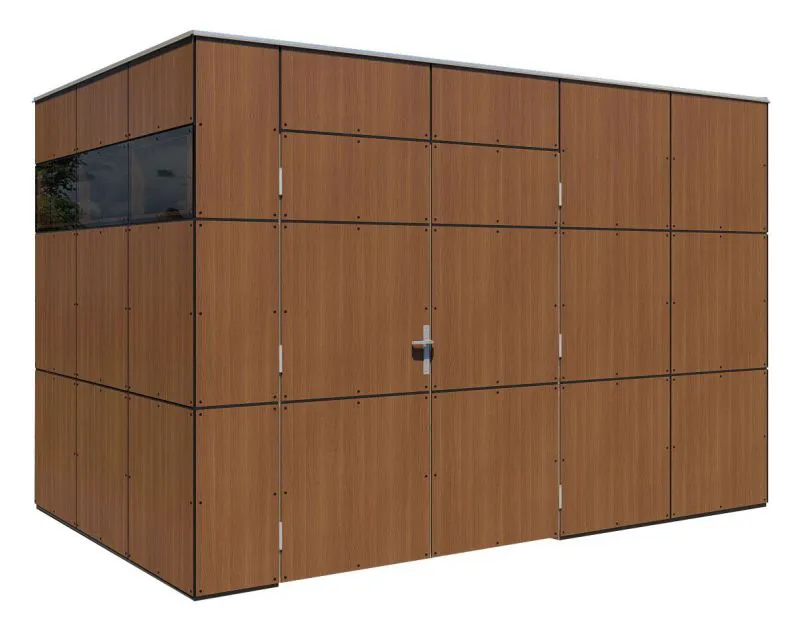 Gerätehaus 3,45 x 2,29 Meter, Gartenhütte in Walnussfarben, Dreifachfenster, Grundfläche: 7,90 m², Elementgartenhaus, Flachdach