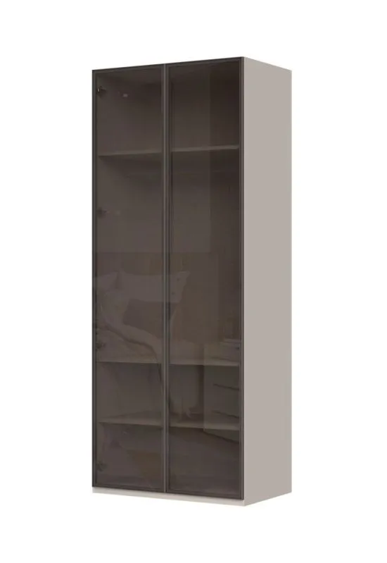 Kleiderschrank mit zwei Glastüren im Aluminiumrahmen Neiafu 86, Farbe: Kaschmir, inkl. Innenbeleuchtung, Maße: 224 x 92 x 56 cm, drei Einlegeböden