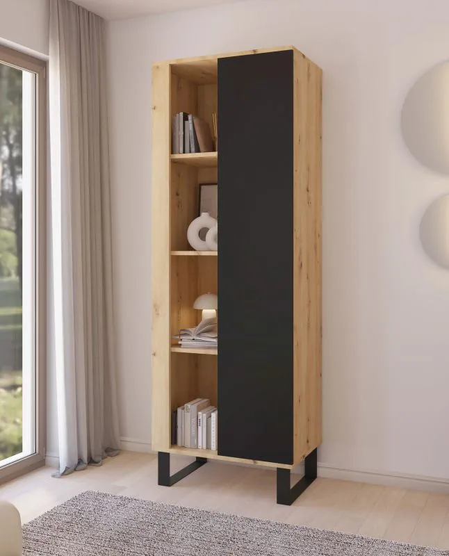 Bücherregal | Farbe: Eiche Artisan / Schwarz | Push-to-open Funktion | 1 Tür | Maße: 60 x 40 x 174 cm | 8 Fächer | Türanschlag wechselbar | Beine: Metall
