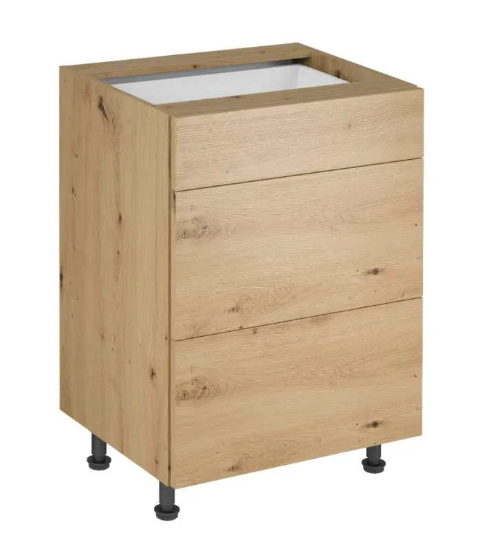Küchenunterschrank | 3 Schubladen | Farbe: Eiche Artisan | 60 x 47 x 82 cm | verstellbare Beine | hochwertig Verarbeitet | Push-to-open Funktion