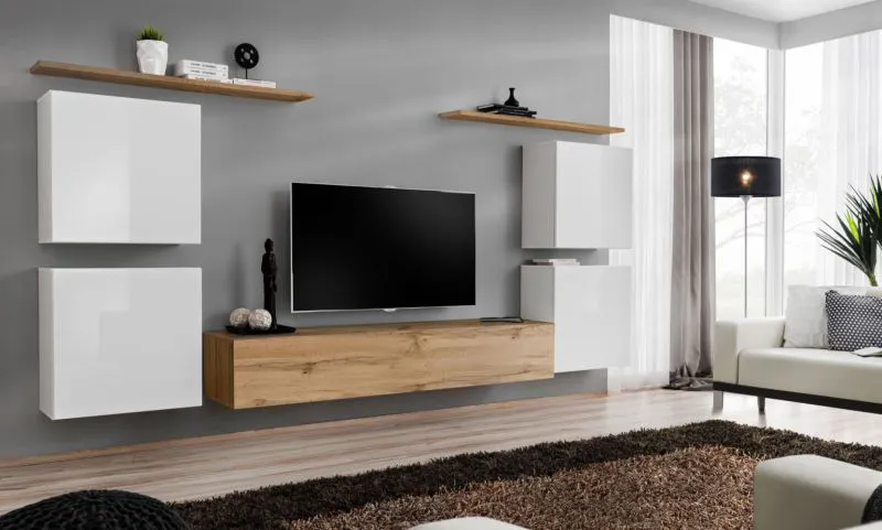 Helle Wohnwand Balestrand 60, Farbe: Weiß / Eiche Wotan - Abmessungen: 150 x 320 x 40 cm (H x B x T), mit Push-to-open Funktion