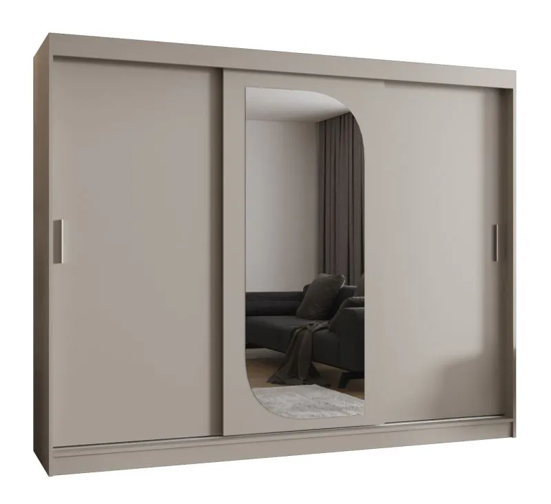Kleiderschrank / Schiebetürenschrank Signalkuppe 24, Farbe: Kaschmir, eine Spiegeltür, 2,5 Meter breit, 10 Fächer, zwei Kleiderstangen