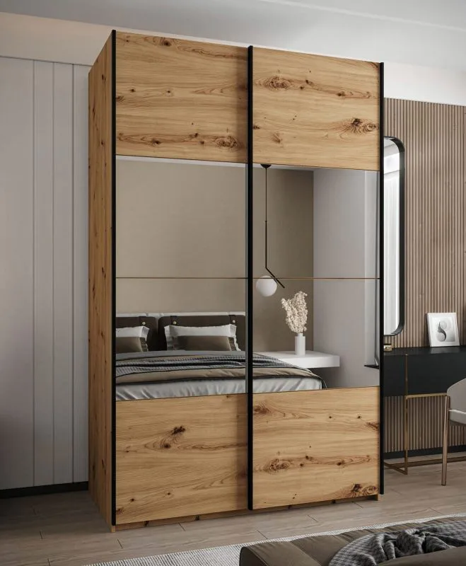 Kleiderschrank / Schiebetürenschrank | Farbe: Eiche Artisan | Spiegel | 245,5 x 150 x 64 cm | Soft-Close | 2 Schiebetüren | 2 Kleiderstangen | 6 Fächer