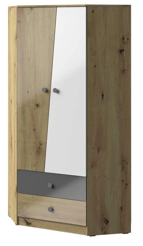 Drehtürenschrank / Eckkleiderschrank Sirte 02, Farbe: Eiche / Weiß / Grau Hochglanz - Abmessungen: 190 x 87 x 87 cm (H x B x T)