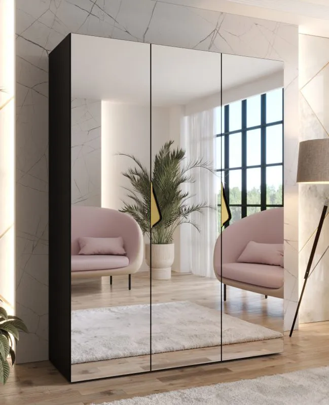 Schlafzimmerschrank mit Spiegel | Farbe: Schwarz | Soft-Close-Funktion | Griffe: Gold | Maße: 150 x 52 x 202 cm | 2 Fächer | Kleiderschrank | ABS | 2 Kleiderstangen