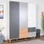 Jugendzimmer - Drehtürenschrank / Kleiderschrank Syrina 05, Farbe: Weiß / Grau / Eiche - Abmessungen: 202 x 153 x 55 cm (H x B x T)